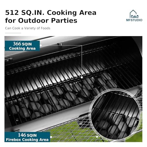 MFSTUDIO Heavy Duty Charcoal Wood Offset Outdoor Smoker Grill, Charcoal Grill with Smoker Combo for BBQ Grilling, 512 SQ.IN.