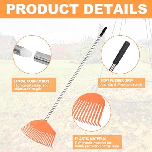 Garden Lawn Rake Sturdy Non-Slip 25 Plastic Tines 57.2 INCH Long Adjustable Handle for Yard Leaf Collecting Women Kids Rake for Gardening RV Camping