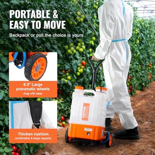 VEVOR 4 Gallon Battery Powered Backpack Sprayer with Wheeled Cart, Adjustable 0-94 PSI, 13FT Hose, 6 Nozzles, 2 Wands Included, Wide Mouth Lid for Weeding, Cleaning, Long Spray Time, White+Orange