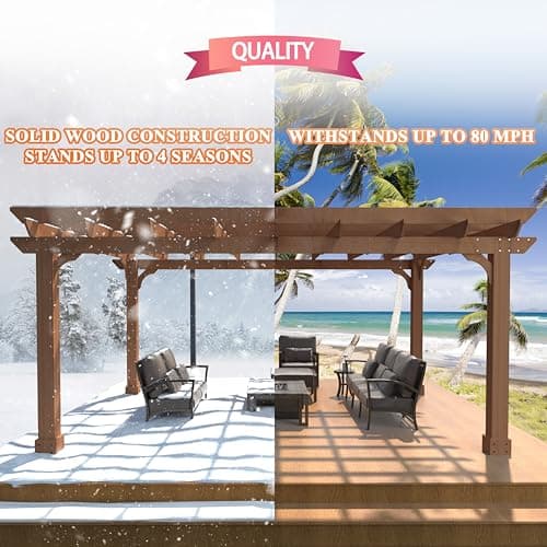 12x14 FT Wooden Pergola with Flat Roof, Cedar Wood Gazebo with Stakes Included, Outdoor Garden Shelter for Patio, Deck, Backyard, Lawn