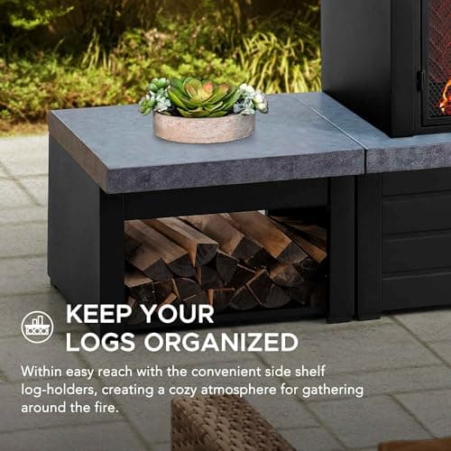 Sunjoy Outdoor Fireplace with Wood Storage and Chimney, Steel Metal Fire Pit with Mesh Spark Screen Door & Fire Poker, Fireplace Tool and PVC Cover, for Patio Garden Deck Backyard, Black