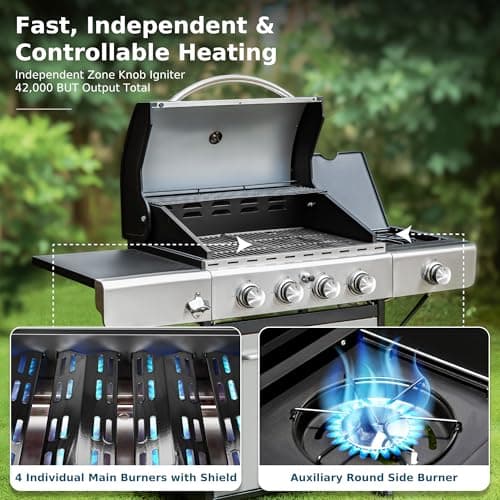 MFSTUDIO 4-Burner Propane Gas Grill, Stainless Steel BBQ Grill with Side Burner and Porcelain-Enameled Cast Iron Grates, High Heat Output Gas BBQ Grills for Barbeque and Outdoor Cooking