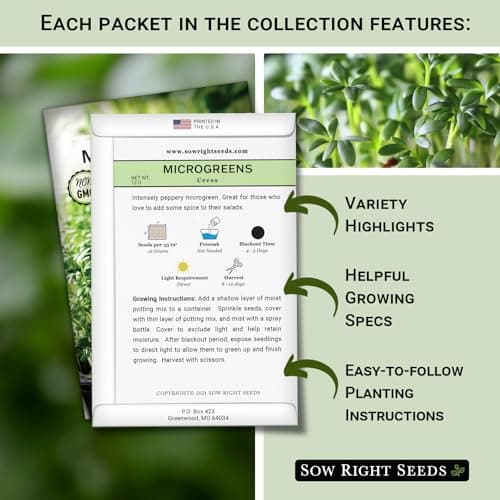 Sow Right Seeds - Microgreens Seed Sample Pack - 10 Packets of Healthy Superfoods to Sprout and Grow Indoors on Your Kitchen Counter - Broccoli, Cress, Sunflower, Arugula, Kale, Radish, Pea, and More