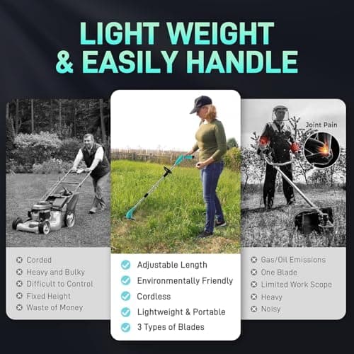 Cordless Lawn Trimmer Weed Wacker - HooSeen 12V Grass Trimmer Weed Cutter with 3 Types Blades, Hand Weeder, 2.0Ah Li-ion Battery Powered Weed Trimmer Grass Cutter for Garden and Yard