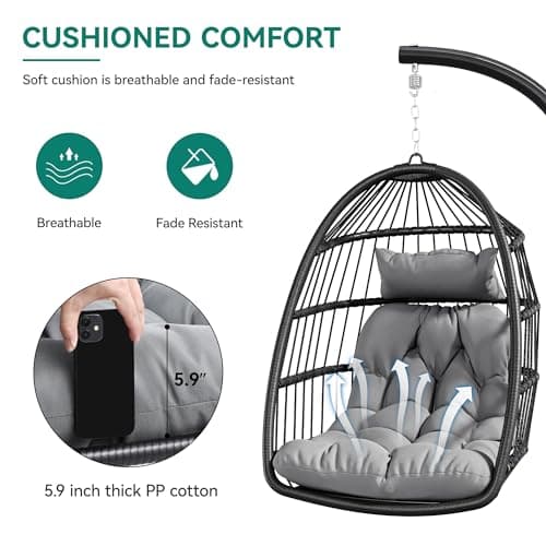 YITAHOME Hanging Egg Swing Chair with Stand Egg Chair Wicker Indoor Outdoor Hammock Egg Chair with Cushions 330lbs for Patio, Bedroom, Garden and Balcony, Dark Gray(Stand Included)