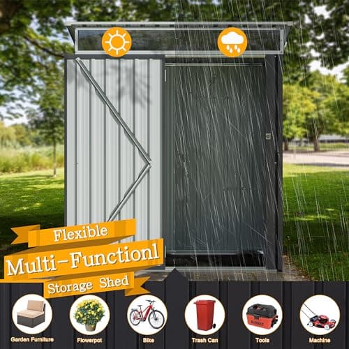 Shintenchi 5x3 FT Outdoor Storage Shed with Window, Outdoor Waterproof Storage Shed Metal Garden Shed with Lockable Single Door, Weather Resistant Tool Storage House Shed for Garden,Backyard,Drak Gray