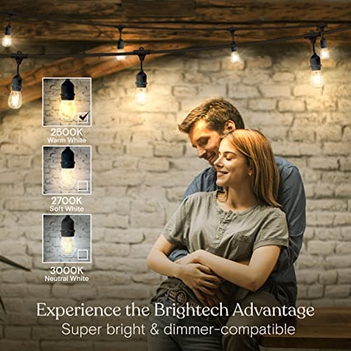 Brightech Ambience Pro - Waterproof LED Outdoor String Lights - 15 Hanging, Dimmable 2W Vintage Edison Bulbs - 48 Ft Commercial Grade Patio Lights Create Cafe Ambience in Your Backyard
