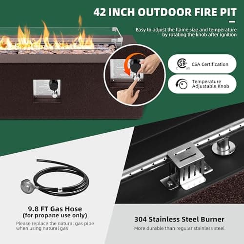 UPHA 42-inch Outdoor Propane Gas Fire Pit Table 50000 BTU Iron Rectangle FirePit for Outside Patio with Tank Hidden Table, Wind Guard, Removable Lid, Lava Rocks, Rain Cover, Brown