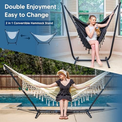 SUNCREAT 2-in-1 Convertible Portable Double Hammock with Stand Included, Outdoor Hammock and Stand, Patent Pending, Natural Tassel