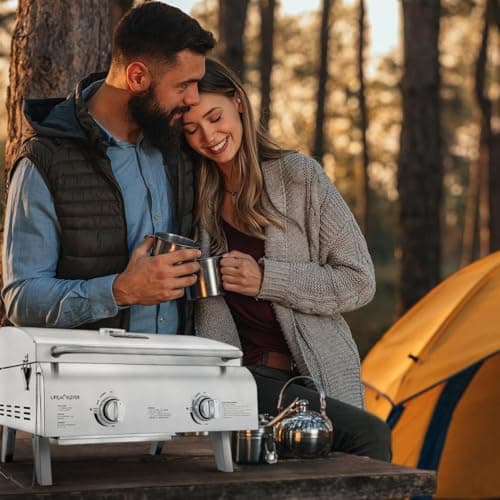 Portable Stainless Steel Gas Grill - 2 Burners Easy Clean Tabletop BBQ Propane Gas Grill with Foldable Legs and Wind Proof Lid for Camping and Outdoor - Silver