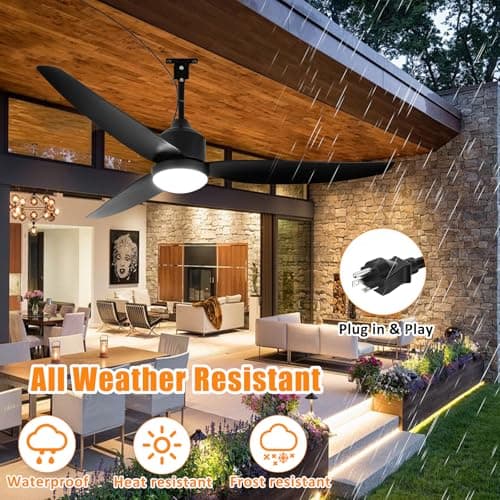 Depuley Outdoor Ceiling Fan with Light: 52 Inch Gazebo Fan Outdoor Hanging - Plug in Ceiling Fan for Patio Waterproof - Dimmable Ceiling Fan Remote App Control Black