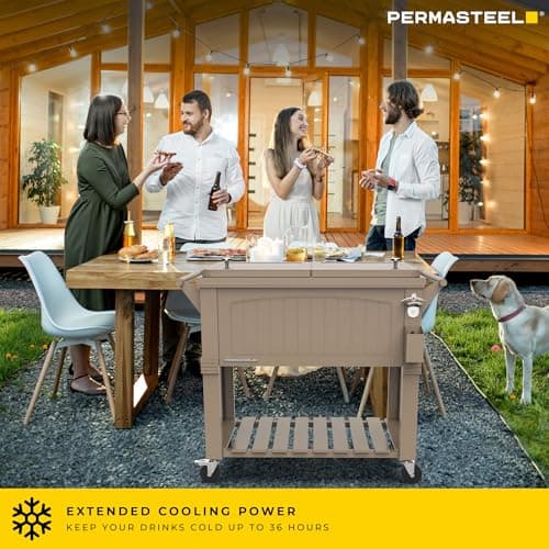 Permasteel 80-Qt Rolling Patio Cooler with Storage Shelf, Large Beverage Cart for Outdoor Entertaining, Backyard, Deck & Parties, Antique Teak Style, Taupe + Bonus Cover