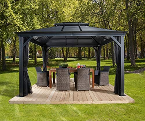 Sojag 10' x 12' Mykonos Double Roof Hardtop Gazebo Outdoor Weather-Resistant Aluminum Frame Sun Shelter Dark Grey