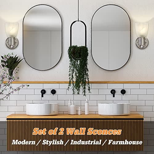 Wall Sconces Set of 2, Brushed Nickel Vanity Lights for Bathroom, Modern Wall Light Fixtures with Rotary Switch, Wall Mount Light with Frosted Glass, Farmhouse Wall Lamp for Bedroom Living Room