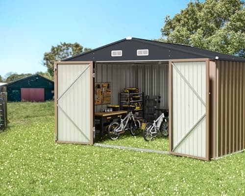 Greesum Outdoor Storage Shed 10 x 8 ft. Utility Tool Shed Metal Storage Garden Shed with Door & Lock for Patio Storage, Brown