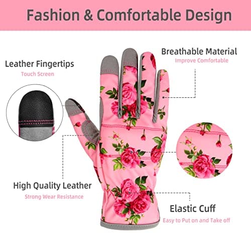 Leather Gardening Gloves for Women, Flexible Breathable Garden Gloves,Thorn Proof Working Gloves for Weeding, Digging and Pruning, Medium, Pink