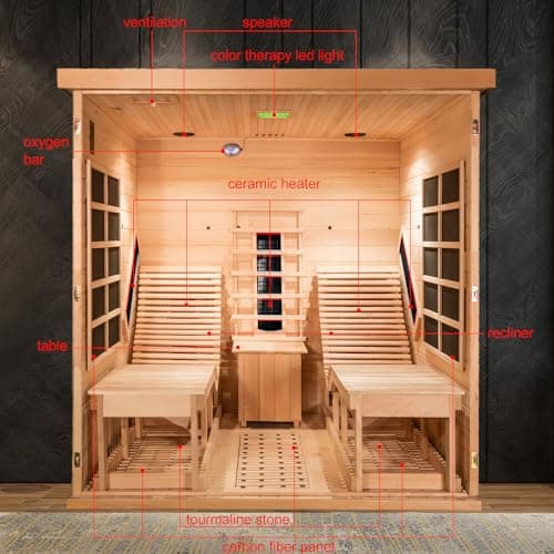 ZONEMEL Far Infrared 2 Person Wooden Sauna Room with Recliner, Red Cedar Luxury Indoor Sauna with 10 Heating Panels, Oxygen Bar, 3400 Watt, Infrared Therapy Wood Dry Heat Sauna, 220V