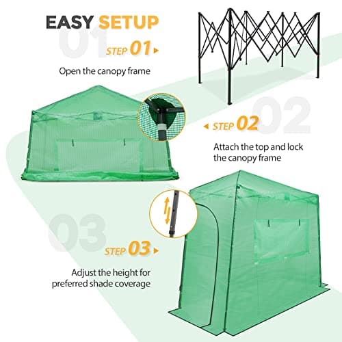 EAGLE PEAK 9x4 Lean-to Portable Walk-in Greenhouse, Pop-up Indoor Outdoor Garden Green House, Zippered Doors and Window, PE Cover, Green