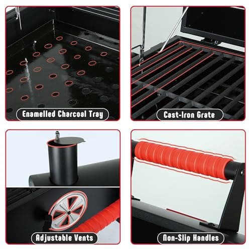 Portable Charcoal BBQ Grills with Cast Iron Grates, Tabletop Charcoal Grills with 354 Sq. In Cooking Area, for Outdoor Camping and Picnic, Black, L26.8’’x W20’’x H21.3’’