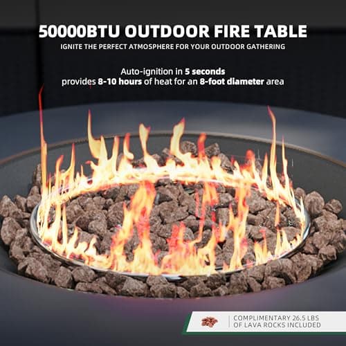 UPHA 42-inch Outdoor Propane Gas Fire Pit Table 50000 BTU Iron Round FirePit for Outside Patio with Tank Hidden Table, Removable Lid, Lava Rocks, Rain Cover, Grey