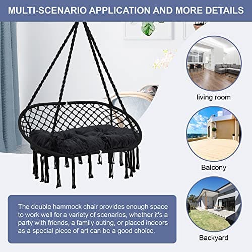 Hammock Chair Macrame Hanging Swing with Cushion,Hanging Cotton Ropes, Metal Frame, 450 lbs Capacity Indoor Outdoor, Patio, Balcony, Living,Deck, Yard, Garden(Double Swing)