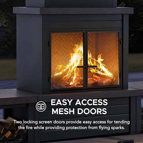Sunjoy Outdoor Fireplace with Wood Storage and Chimney, Steel Metal Fire Pit with Mesh Spark Screen Door & Fire Poker, Fireplace Tool and PVC Cover, for Patio Garden Deck Backyard, Brown
