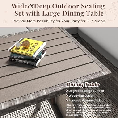 U-MAX 7 Pieces Patio Furniture Set with 43 Inch Fire Pit Table, Outdoor Sectional Sofa Conversation Set, All Weather Wicker Rattan Dining Table & Chair with Ottoman, Grey Rattan&Grey Cushion