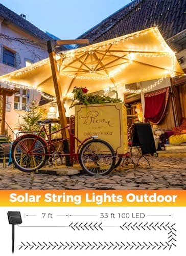 Minetom Solar String Lights Outdoor Waterproof- 40 FT 100 LED Solar Powered String Lights with 8 Lighting Modes, IP65 Waterproof Solar Lights for Outdoor Outside Tree Party Decor, Warm White