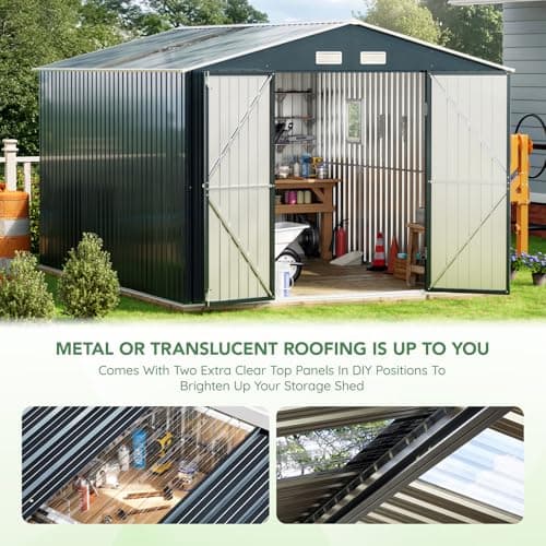 10X12X7.5 FT Outdoor Steel Storage Shed with Lockable Doors, 2 Windows, Transparent Roof Panels (Wood Panels & Frame Floor Not Included), Ideal for Patio Storage,Garbage Can, Chicken Coop