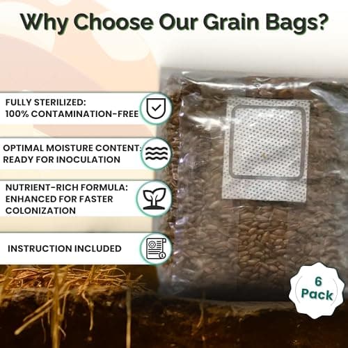 Mushroom Growing Kit with Injection Ports | Sterilized Rye Grain | Magic Indoor Grow Bags for Mushrooms | Home Cultivation Supplies | Without Spores | 1 Pound (6 Pack)