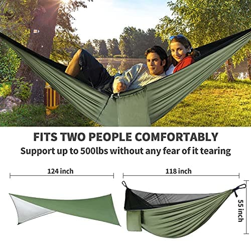 Camping Hammock - Hammocks with Mosquito Net Tent and Rain Fly Tarp, Portable Single & Double Nylon Parachute Hammock with Heavy Duty Tree Strap, Indoor Outdoor Backpacking Survival Travel