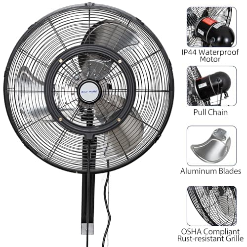 BILT HARD 20" Oscillating High-Velocity Outdoor Wall Misting Fan, 3-Speed Patio Fans for Outside, 80° Oscillation, Waterproof, Industrial Wall Mount Fan for Outdoor- UL Listed