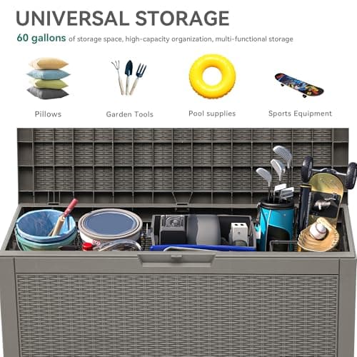 YITAHOME 60 Gallon Resin Deck Box, Weather Resistant Outdoor Rattan Storage Box, Lockable Indoor Outdoor Storage for Supplies and Essentials, Taupe