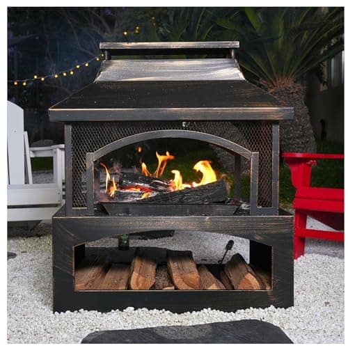 Red Mountain Valley 37in Outdoor Wood Burning Fireplace, Large Outdoor Fire Pit with Log Grate and Poker, Chimney Outside Fireplace with Firewood Racks Storage for Patio, Garden and Backyard