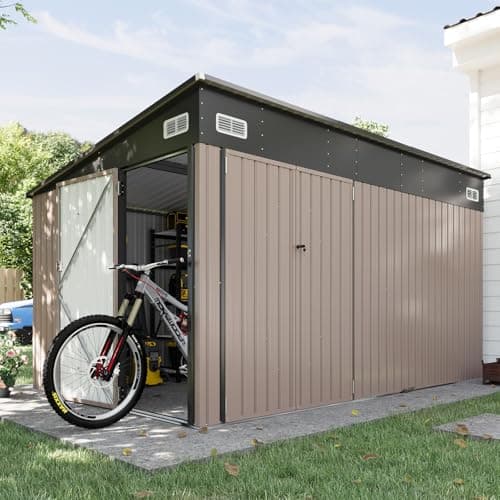 Aoxun 11.5'x7.3' Shed Outdoor Storage Shed with Triple Lockable Door Metal Storage Cabinet with Slopping Roof for Tools Bicycles Storage for Garden, Patio, Courtyard (Brown)