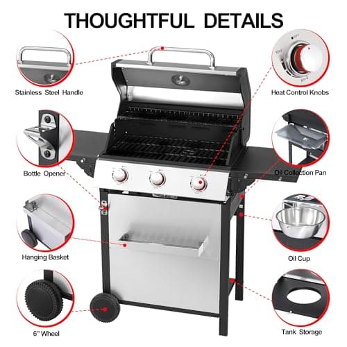3-Burner Propane Gas Grill, Stainless Steel Cabinet with Side Table & Knob Controls, BBQ Cast Iron Grates and Thermometer for Outdoor Cooking, Patio, BBQ