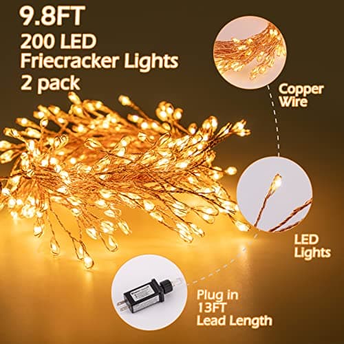 Minetom Fairy Lights Plug in, 10Feet 200 Led Cluster Lights Waterproof Firecracker Starry String Lights for Ceiling Bedroom Wreath Window Wedding Christmas Tree Decoration, Warm White (No Remote)