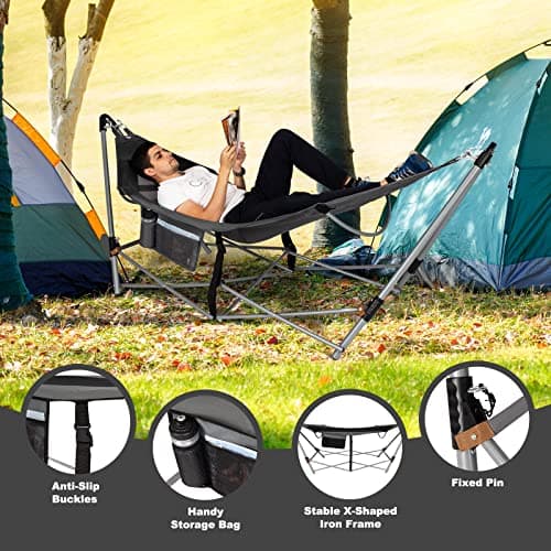 Portable Folding Hammock w/Side Pocket, Lounge Camping Bed w/Metal Stand & Anti-tip Buckles, Outdoor Camping Hammock with Carrying Bag for Patio Garden Yard, Easy Assembly (Grey)