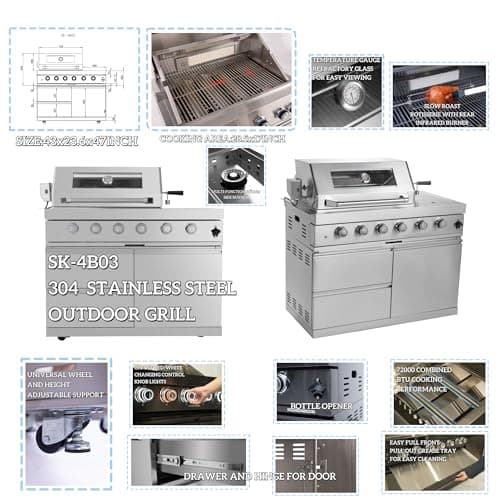 104 Inches 4-Burner 72000 BTU Deluxe Stainless Steel Gas Outdoor Kitchen Bar Barbecue Island Grill, Wine Cooler Compact Refrigerator, Rotisserie Kit, Granite Countertops, Stainless Steel Sink, Silver