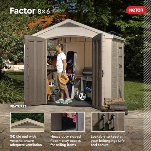 Keter Factor 8x6 Large Resin Outdoor Storage Shed for Patio Furniture, Lawn Mower, Garden Accessories Yard Tools, and Pool Toys, Taupe