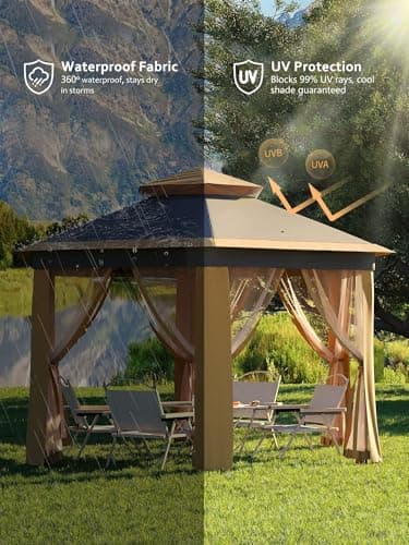 Pop Up Gazebo 13x13Ft, Outside Canopy Tent with 6 Pcs Mosquito Netting, One Push Setup for Backyard Patio Garden Activities - Khaki & Beige