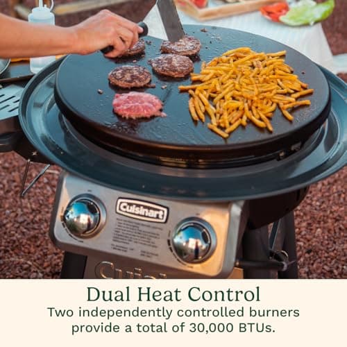 Cuisinart 360° Griddle Outdoor Cooking Center, 22” Round Flat Top Grill with Stainless Steel Vented Lid, Folding Prep Table, 30,000 BTU Burners, Grease Management, Gas Grill Perfect for BBQ, Cookouts