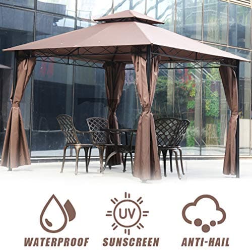 10'x10' Outdoor Patio Gazebo Heavy Duty Steel Frame Canopy with Double Roof, Privacy Curtains, for Garden, Backyard, and Lawn (Brown)