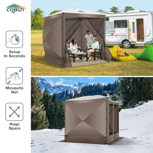 COBIZI Pop Up Gazebo Screen Tent Screen House for Camping, 8FTx8FT Screen Room with Sidewalls and Mosquito Netting, Hub Tent Instant Screened Canopy with Carrying Bag and Ground Stakes, Brown