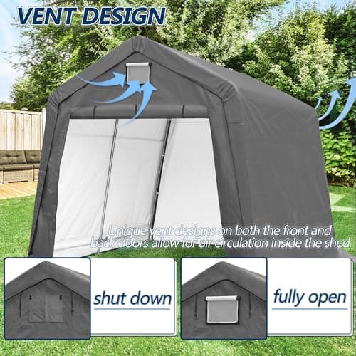 COVERONICS 10' x 10' Outdoor Storage Shed - Heavy Duty Portable Shelter Carport with Ventilation Windows and Roll-up Doors, Storage Shelter Tent for Motorcycle, Bike, Lawnmower and Garden Tools, Grey