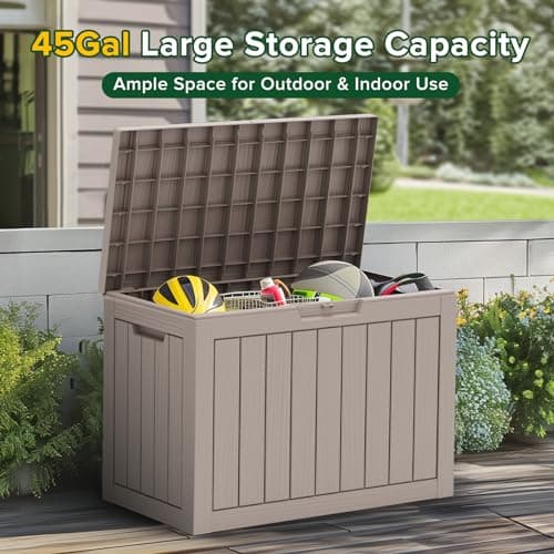 45 Gallon UV Resistant Outdoor Storage Box Waterproof, Lockable Resin Deck Box for Garden Tools, Sports Equipment and Cushions, Gray