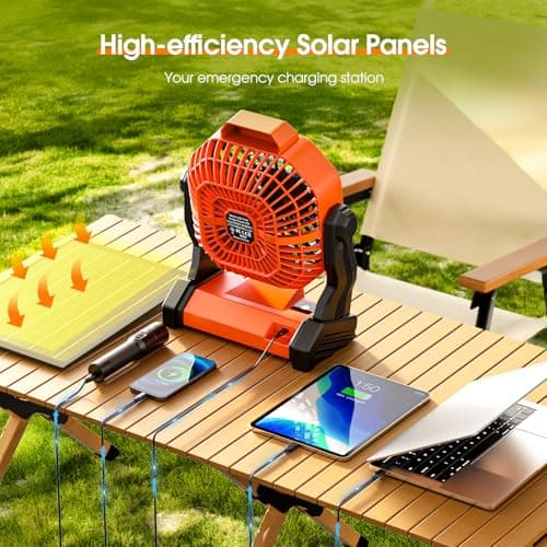 10800mAh Solar Powered Fan, 7W Solar Camping Fans & Led Lantern, 8-inch Rechargeable Fan with Solar Panel, Battery Operated Powered Outdoor Tent Fans for Camping Essentials Accessories