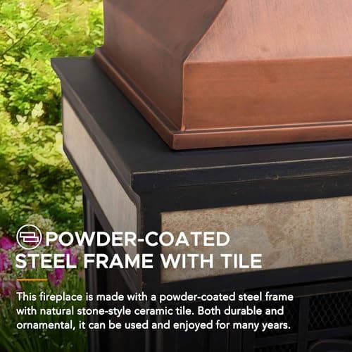 Sunjoy Outdoor Fireplace, Smith Collection Patio Wood Burning Steel Fireplace with Chimney, Spark Screen, Fire Poker, and Removable Grate, Copper with Yellow Tile