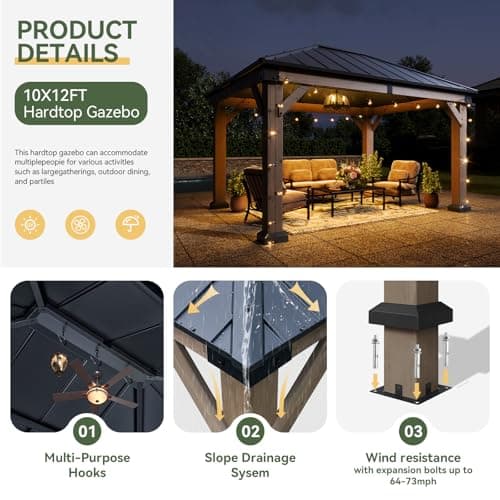 Aoxun 10' x 12' Outdoor Wood Gazebo, Hardtop Gazebo Permanent Wooden Pavilion with Galvanized Steel Roof, for Patio, Garden, Deck, Cedar Wood