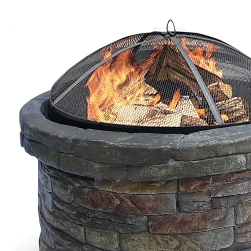 Teamson Home 26.5 in. Round Decorative Faux Slate Stone Outdoor Wood Burning Fire Pit with Spark Screen, Poker and Grill Grate for Self-Contained Fires for Entertaining at Home, Multicolored Stone